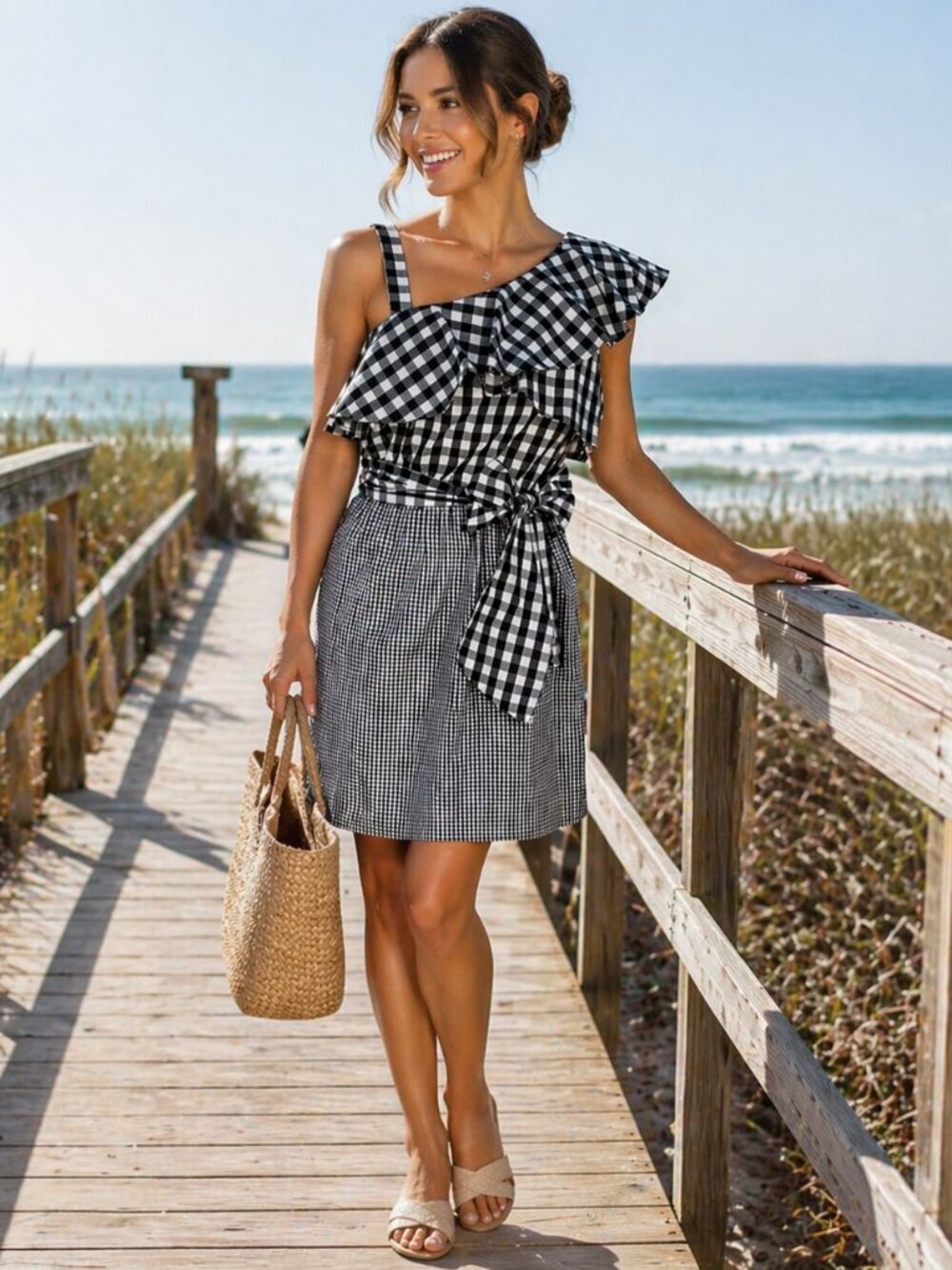 Calvin Klein Dress Women 4 Black White One Shoulder Flounce Cotton Blend Gingham
